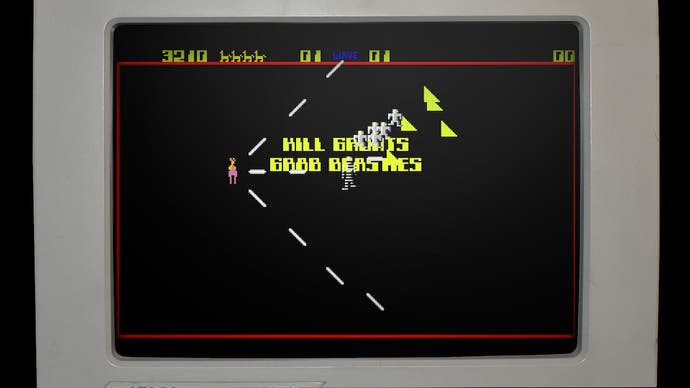 Un écran du jeu d'arcade frénétique Llamatron 2112 avec des pixels qui pleuvent dans toutes les directions, de Llamasoft : The Jeff Minter Story.