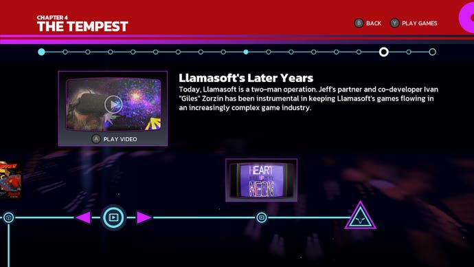 Un écran de la chronologie de Llamasoft : The Jeff Minter Story.  Il montre un clip vidéo intitulé Les dernières années de Llamasoft.
