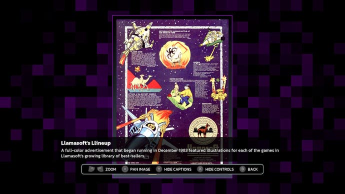 Une publicité Llamasoft de 1983 de Llamasoft : The Jeff Minter Story, montrant de nombreux jeux Llamasoft adorables.