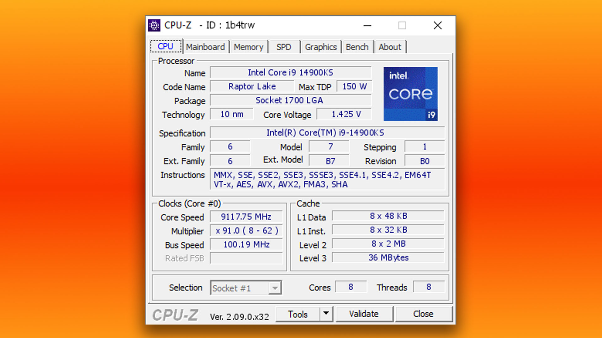 Capture d'écran du CPU-Z overclocké à l'hélium liquide Intel Core i9 14900KS