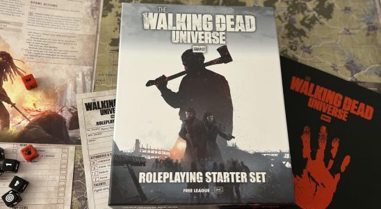 Image of The Walking Dead Universe RPG starter set, with a background of game components like booklets, maps, and dice.