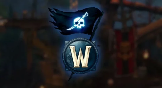 A pirate flag behind the WoW logo