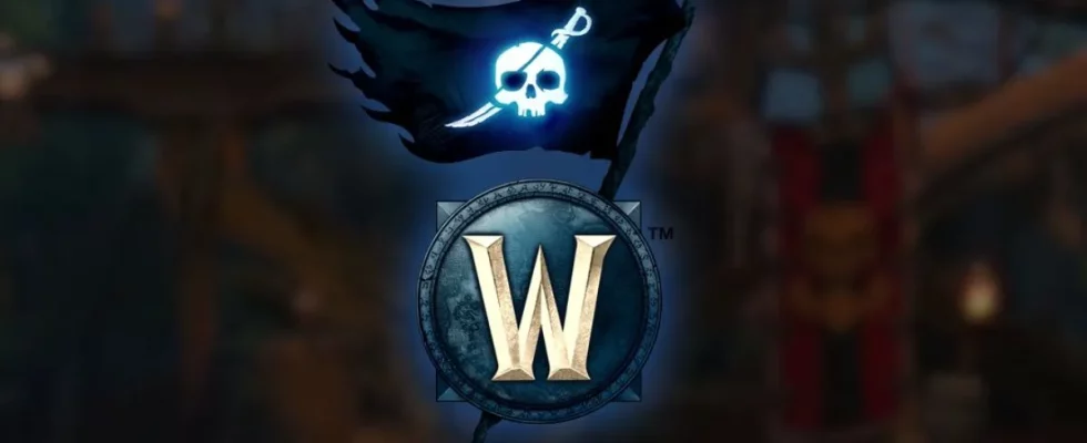 A pirate flag behind the WoW logo