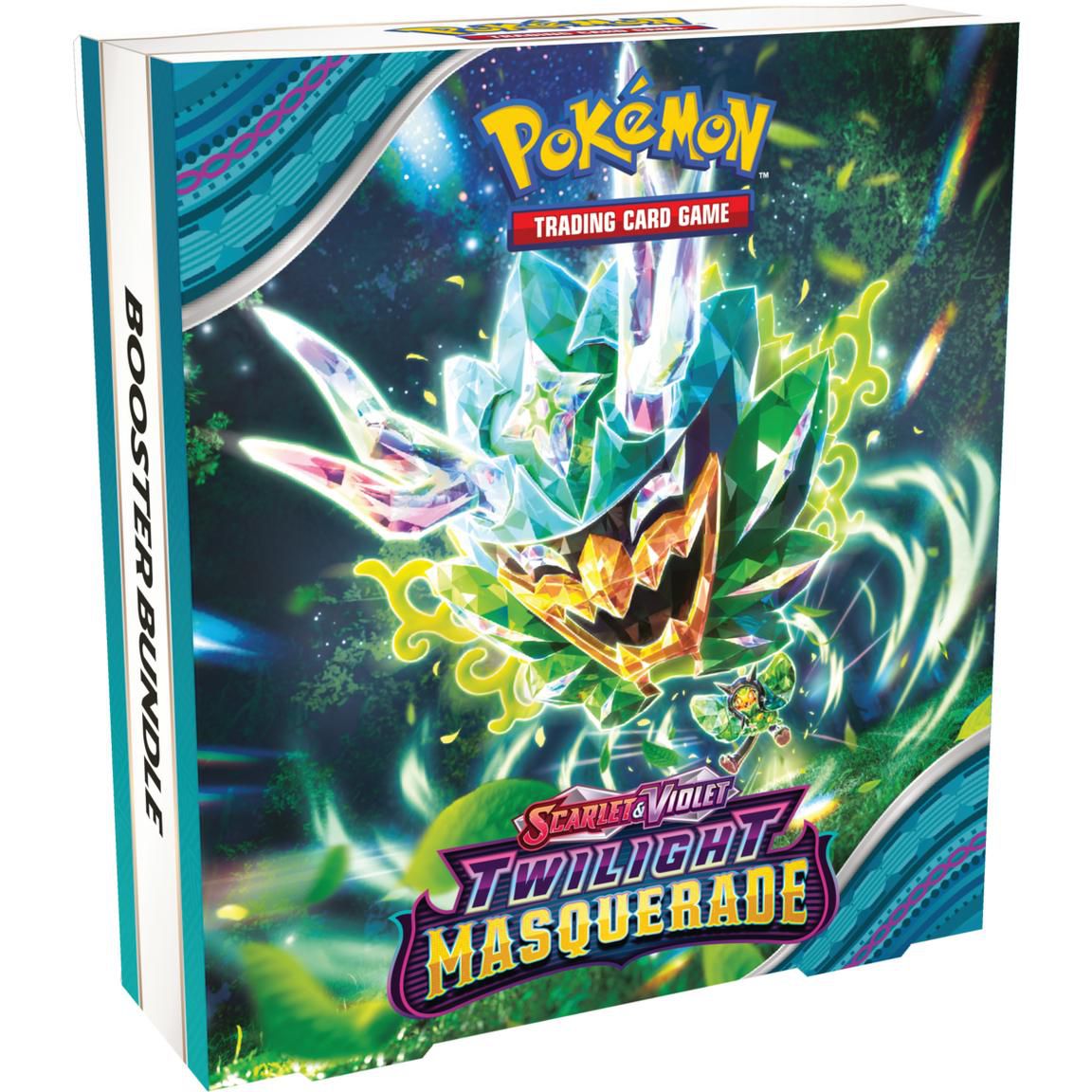 Le pack booster de six packs pour La Mascarade du Crépuscule du JCC Pokémon avec un Ogerpon Terastilisé sur la couverture