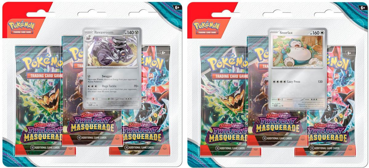 Deux blisters de trois packs Pokémon Twilight Masquerade TCG avec des cartes simples sur le devant.