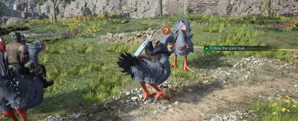 Cloud and his party riding Chocobos in Junon