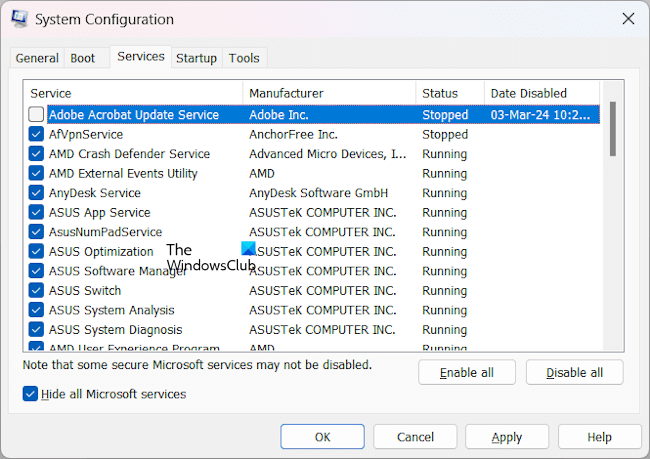 Désactiver le service de mise à jour Adobe Acrobat MSConfig