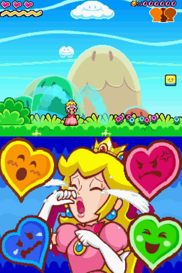 Une capture d'écran de Super Princess Peach, la montrant utiliser ses pouvoirs Gloom Vibe pour pleurer un jet de larmes en arc de cercle.
