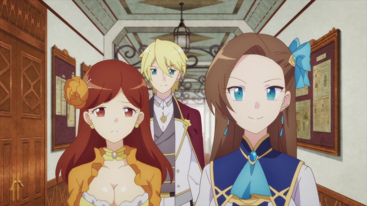Trois personnages d'anime dans des couloirs ornés alternativement souriants et fronçant les sourcils.