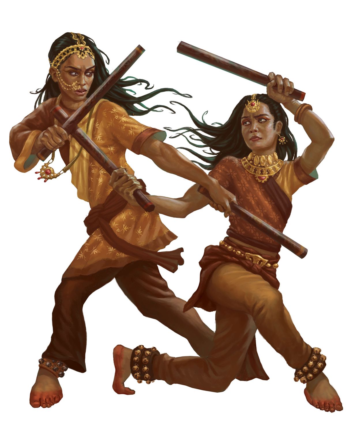Deux femmes d'origine est-asiatique s'affrontent avec des bâtons visqueux.  Leurs vêtements sont dans des tons orange et leurs pieds sont colorés par ce qui ressemble à de la poussière ou de la teinture rouge.