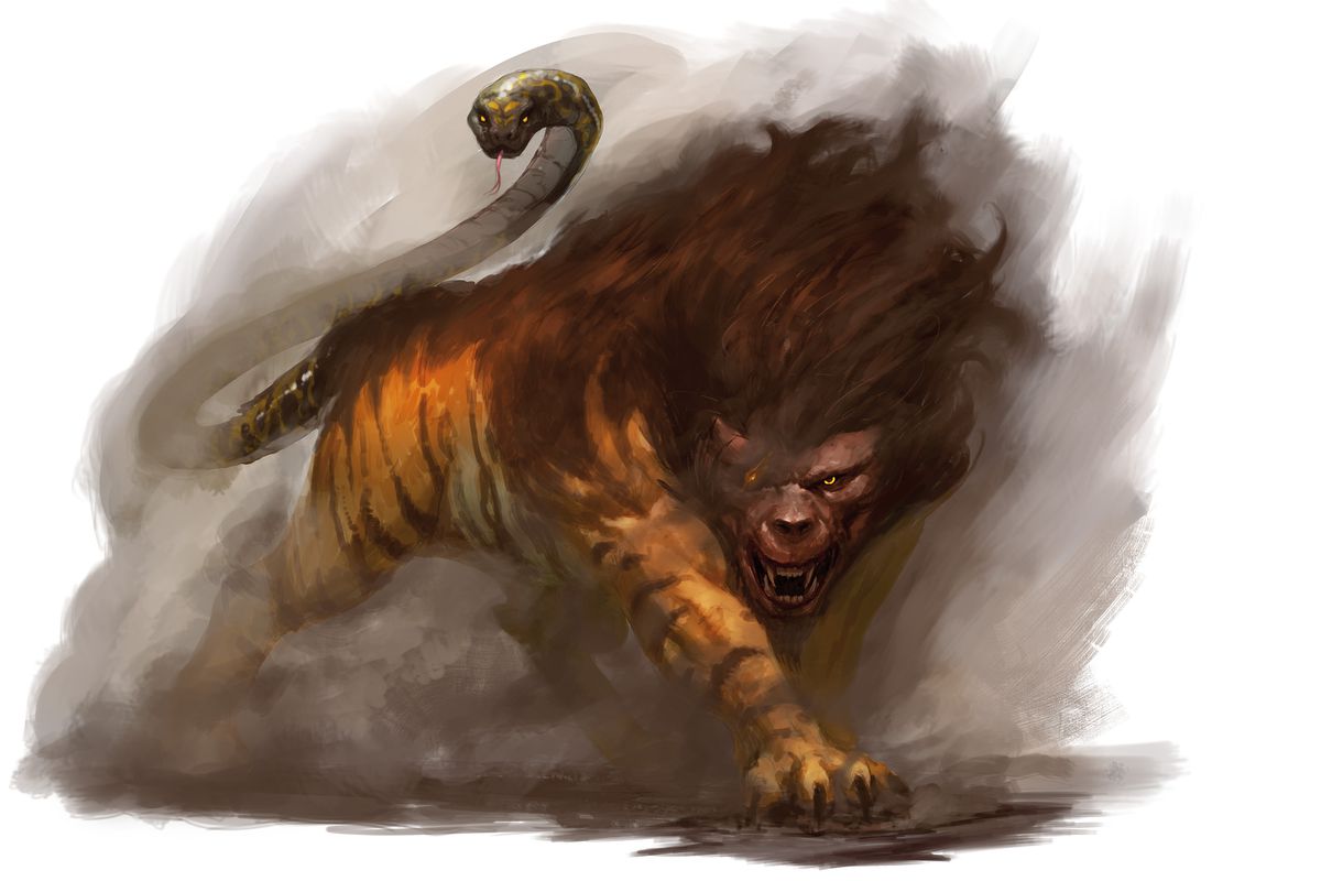 Une créature avec des rayures de tigre, un visage de singe, une tête de lion et une queue de cobra.