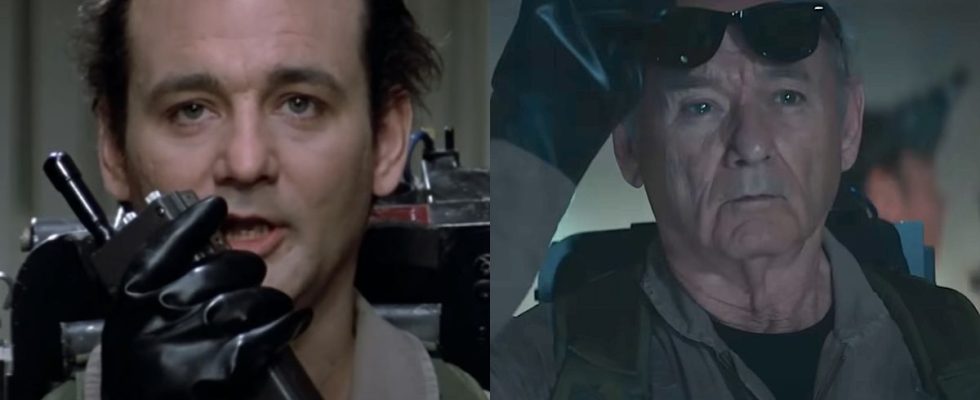 Side by side of Peter in Ghostbusters and older Peter in Ghostbusters: Frozen Empire