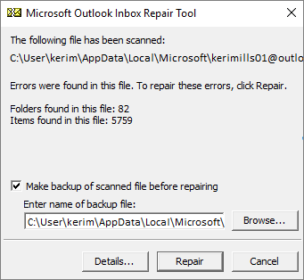 Outil de réparation de la boîte de réception Outlook