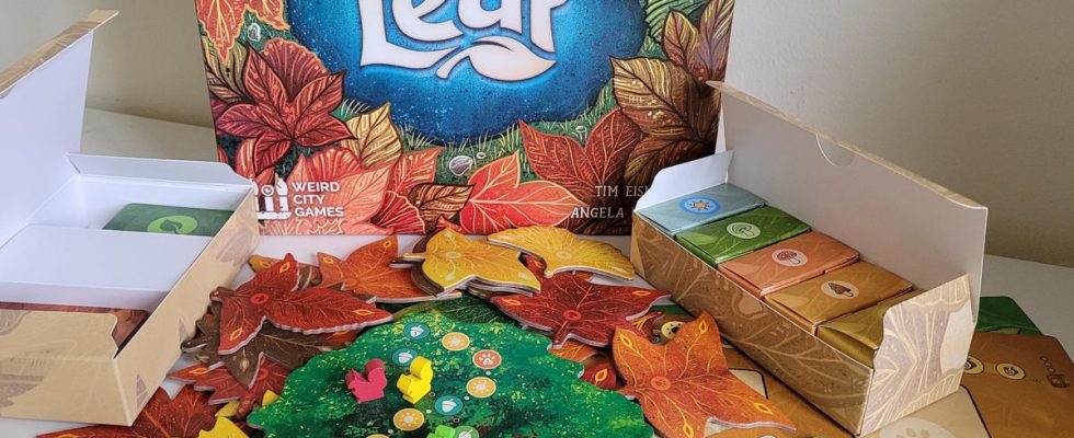 Leaf box and board game components on a white surface
