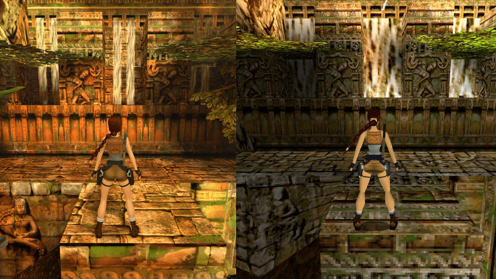 Une comparaison des graphismes de Tomb Raider 3 du niveau Pérou dans Tomb Raider Remastered.  Les graphiques les plus récents sont à gauche et les graphiques originaux à droite