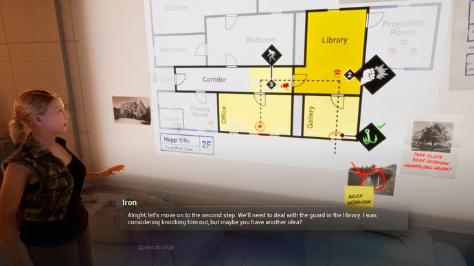 Démo du jeu Ubisoft Neo NPC montrant un personnage regardant des plans de construction projetés sur un mur.