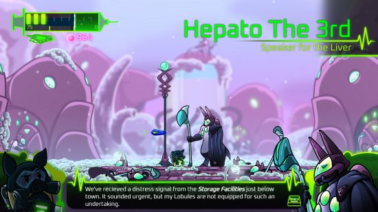 Date de sortie de BioGun - Une capture d'écran du joueur rencontrant « Hepato the Third, Speaker for the Liver » dans le jeu Metroidvania.