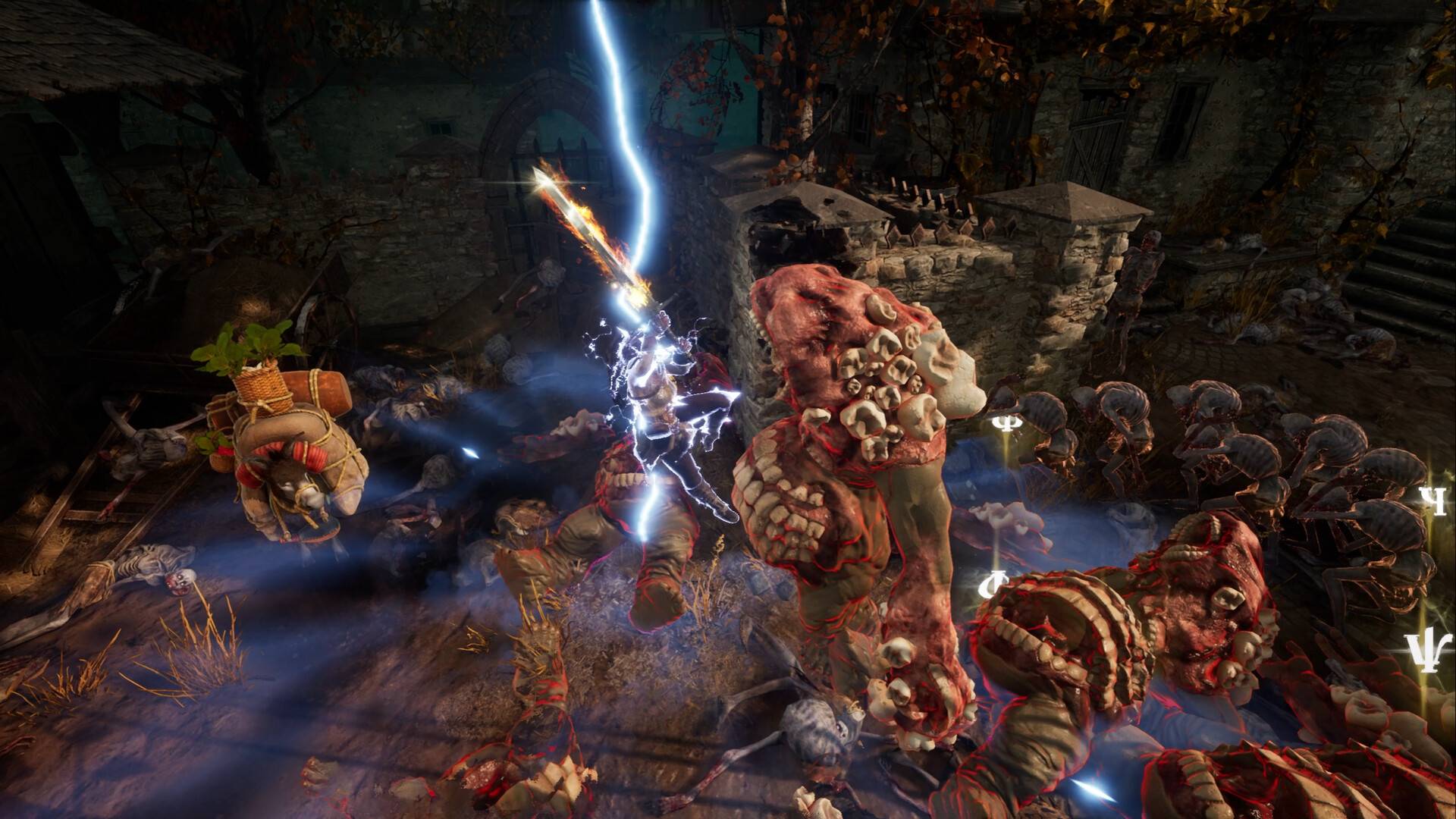 Dark Souls et Hadès se combinent dans un nouveau roguelike sanglant sur Steam : une image dans le jeu d'une femme abattant une épée sur une énorme et horrible créature mutante.