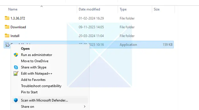 Scanner avec Microsoft Defender Google Updater