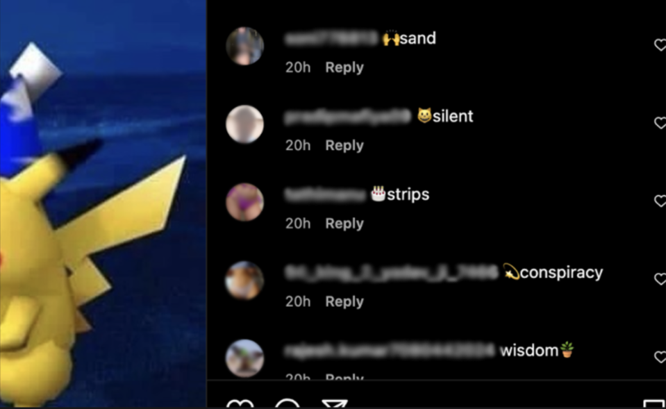 Commentaires de robots pornographiques sur un mème Pikachu sur Instagram, notamment 
