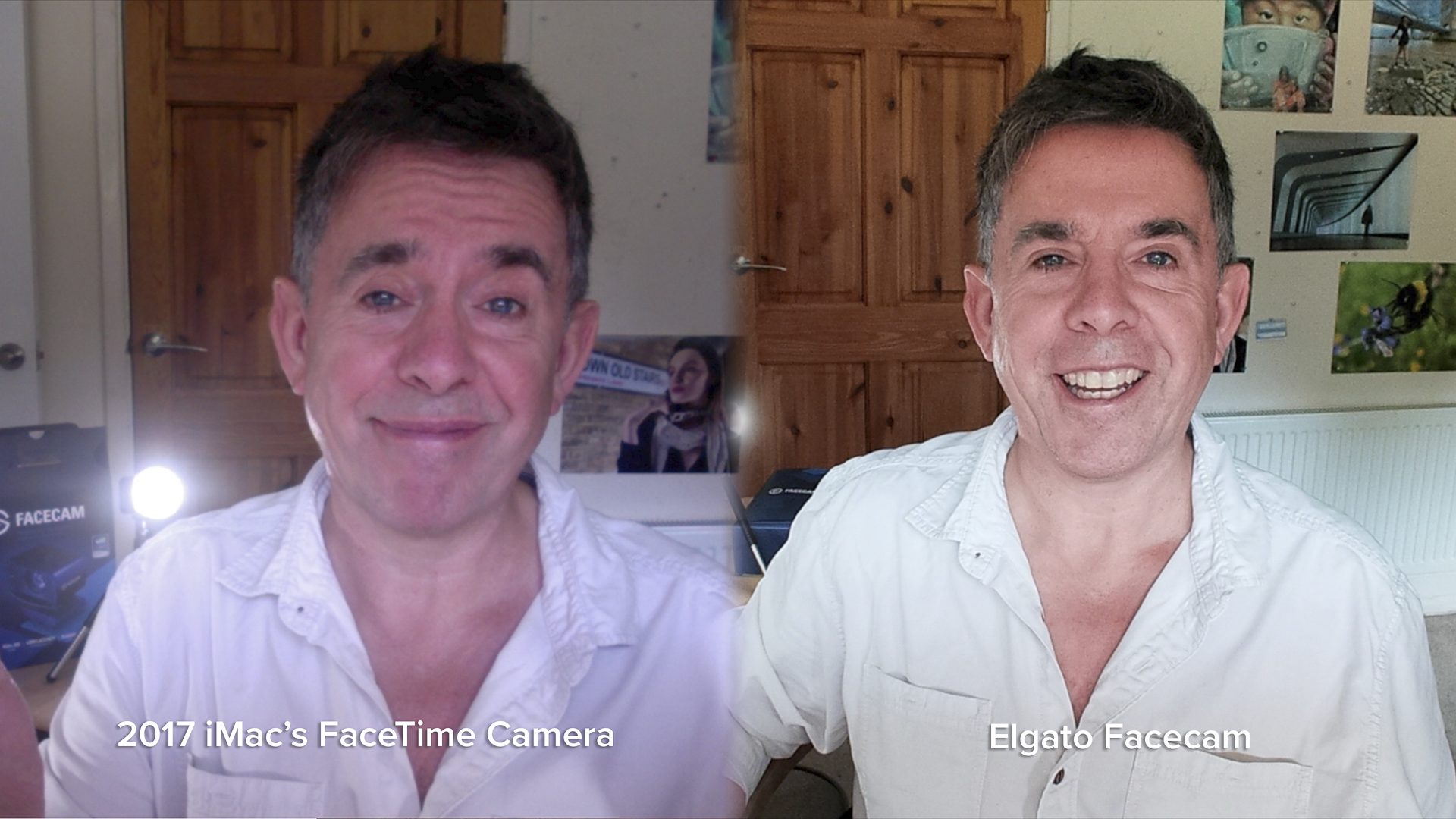 Image de revue d'Elgato Facecam montrant deux photos du célèbre critique George Carins, une fois via une webcam plus ancienne et une fois avec l'Elgato Facecam, qui est nettement meilleure.