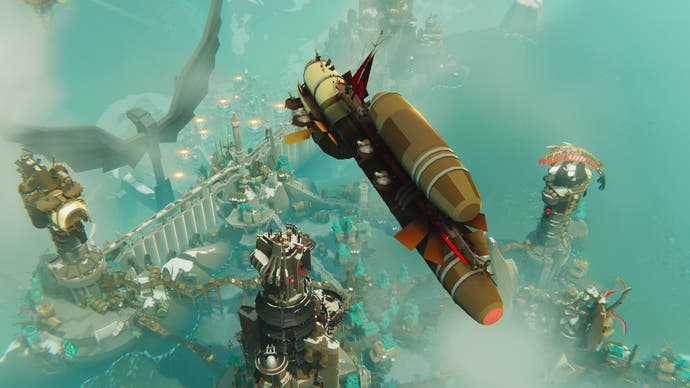 Un dirigeable géant flotte au-dessus de l'océan dans Bulwark: Falconeer Chronicles