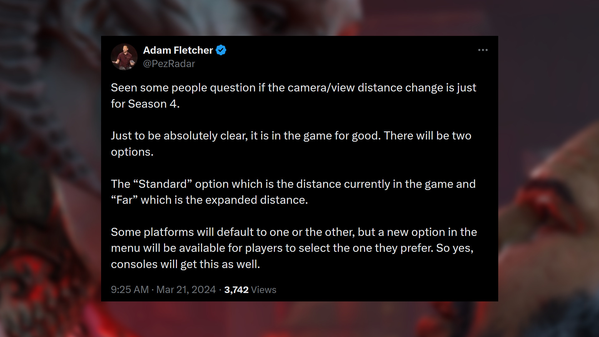 Changement de caméra pour Diablo 4 Saison 4 - Message du responsable de la communauté D4, Adam Fletcher : 