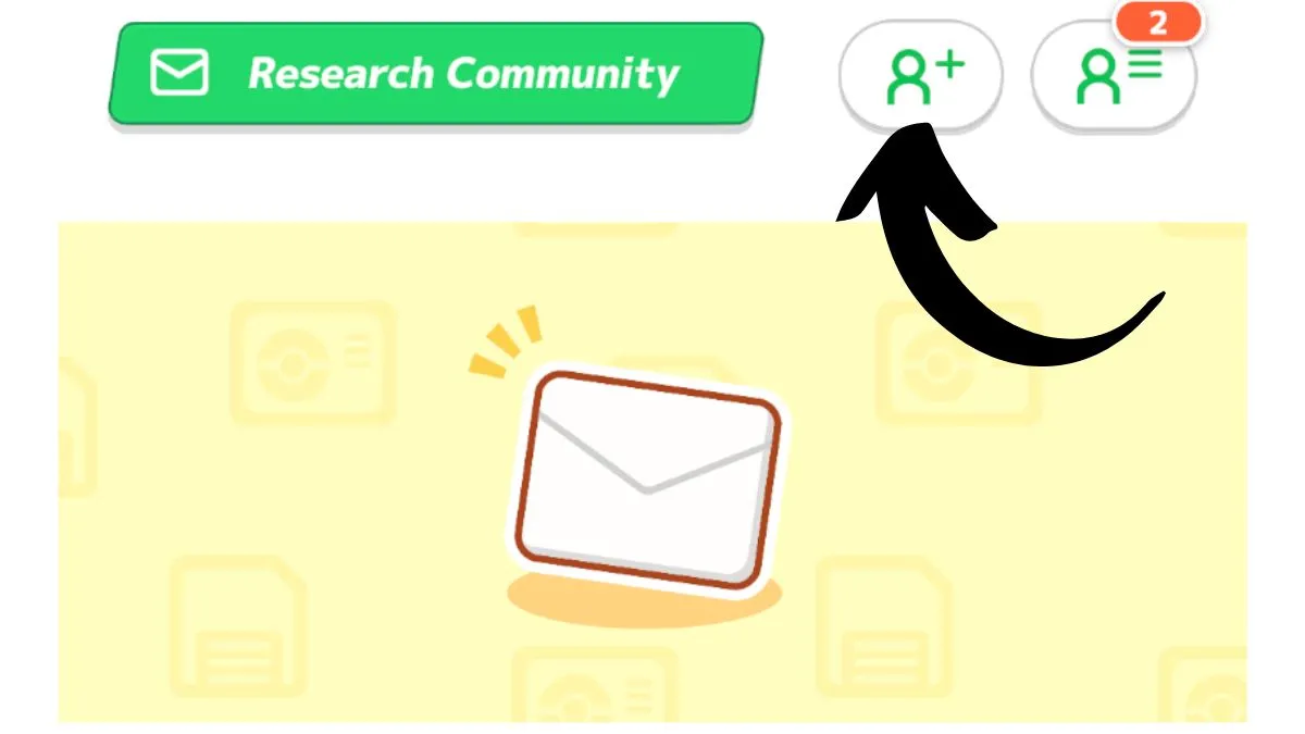 Image de la communauté de recherche dans Pokemon Sleep, avec une flèche pointant vers le "ajouter des amis" icône
