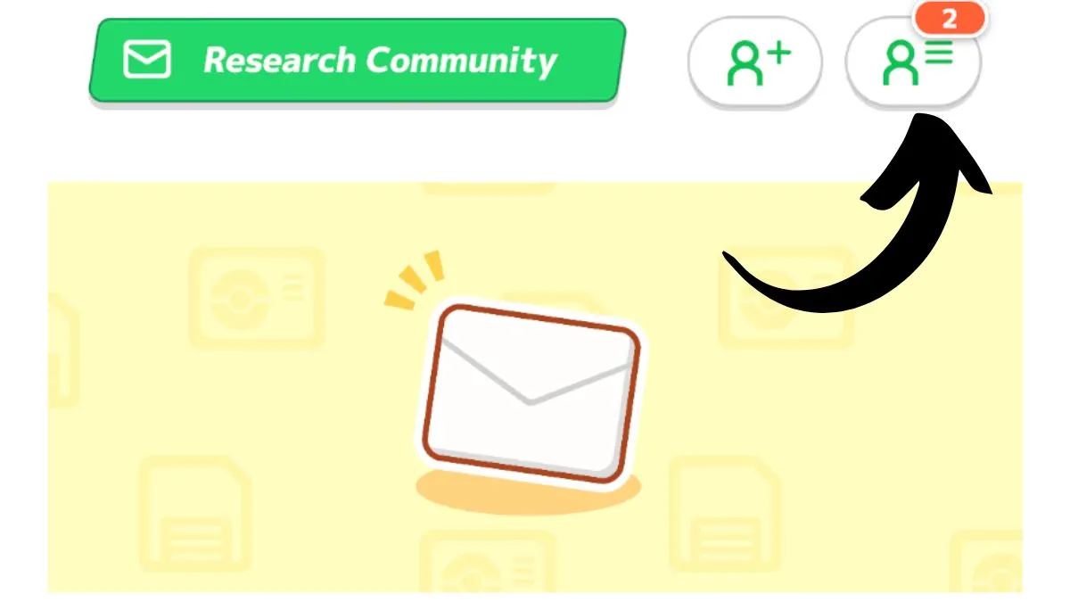 Image du menu de la communauté de recherche dans Pokemon Sleep avec une flèche pointant vers l'icône de demande d'ami.