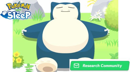 Image of Snorlax sleeping in a field with the Pokemon Sleep logo and Research Community icon
