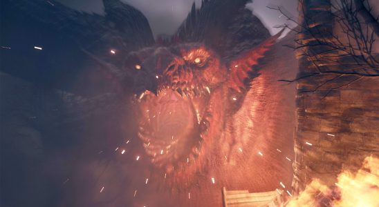 A red dragon breathing fire in Dragon's Dogma 2.