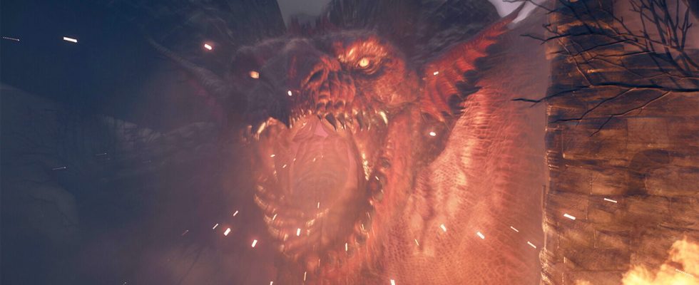 A red dragon breathing fire in Dragon's Dogma 2.