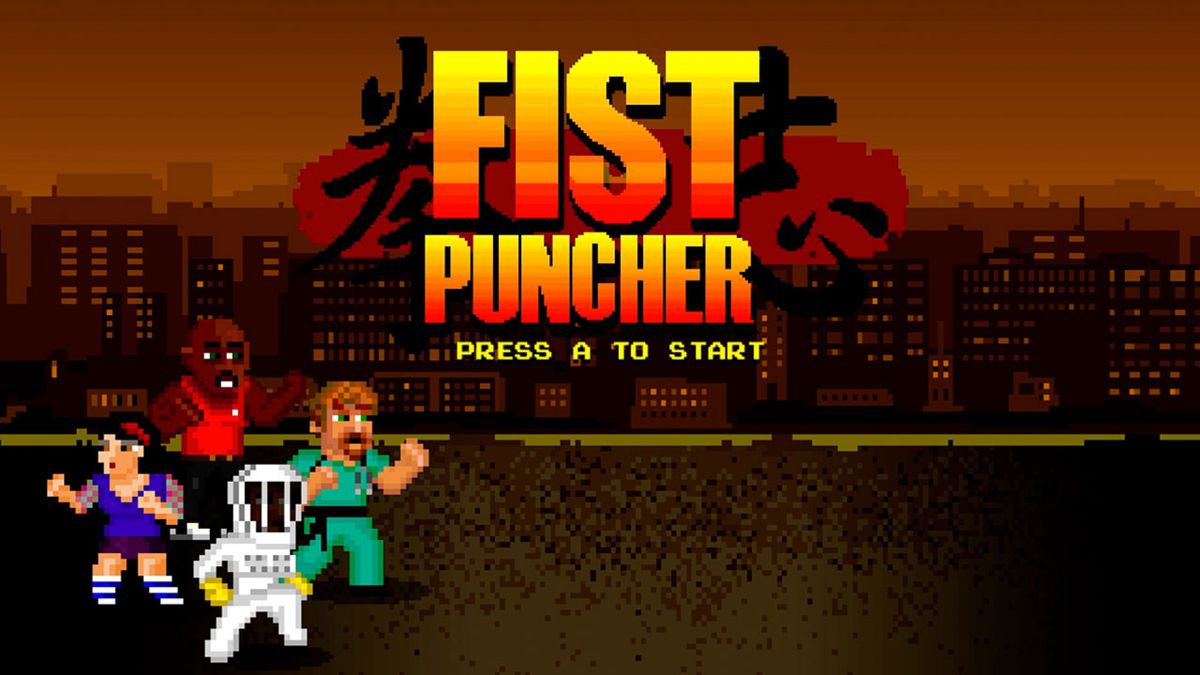Le menu de démarrage de Fist Puncher.  Quatre personnages sont prêts à se battre devant un paysage urbain.
