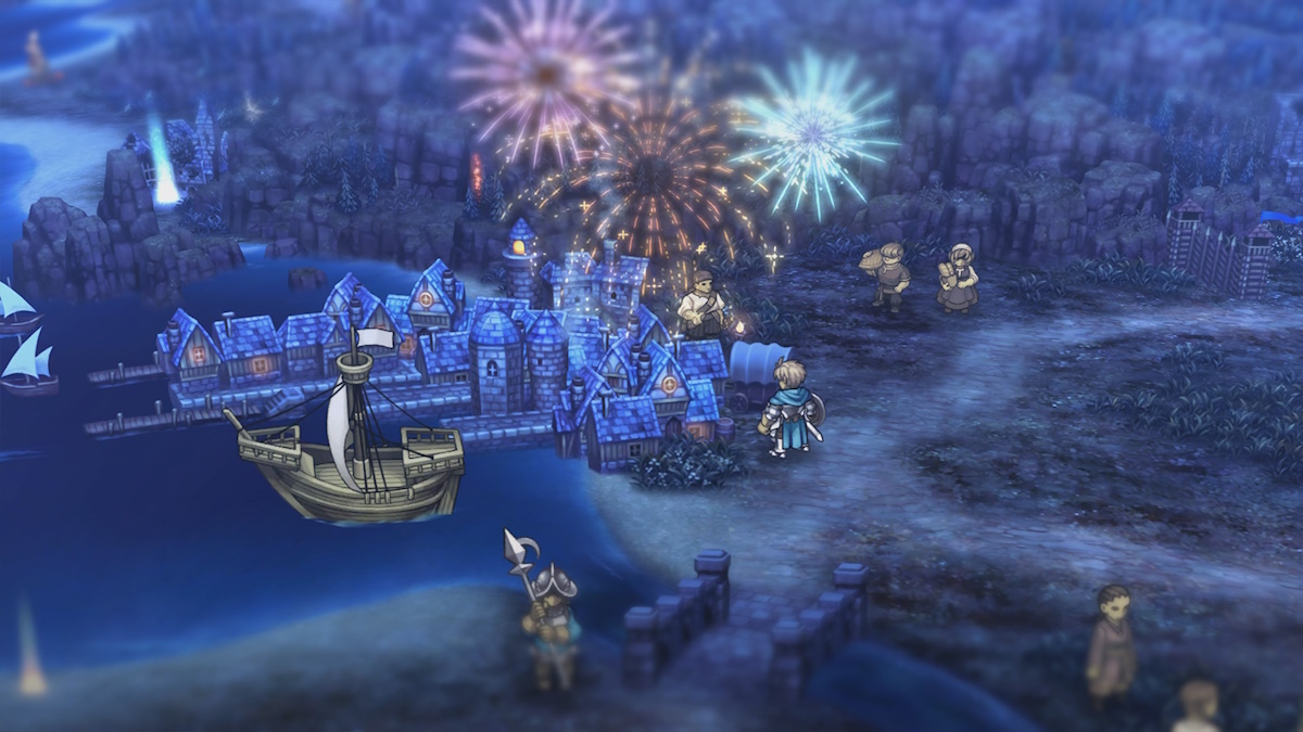 Capture d'écran de la carte Unicorn Overlord représentant une ville et des feux d'artifice