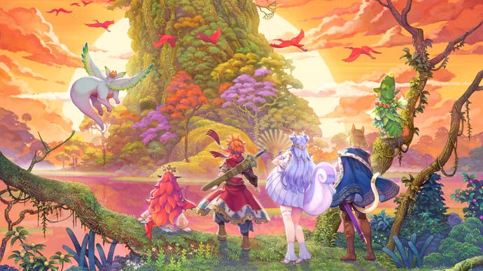 Les personnages de l'anime Visions of Mana regardent un immense arbre coloré avec un coucher de soleil