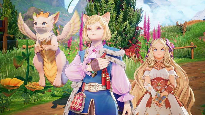 Trois personnages de Visions of Mana : une créature ressemblant à un dragon volant, un garçon chat aux cheveux blonds et une jeune fille magique aux longs cheveux blonds.