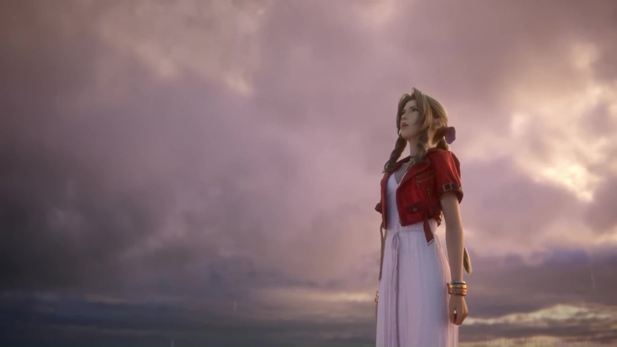 Une image d'Aerith regardant le ciel dans Final Fantasy 7 Remake. 