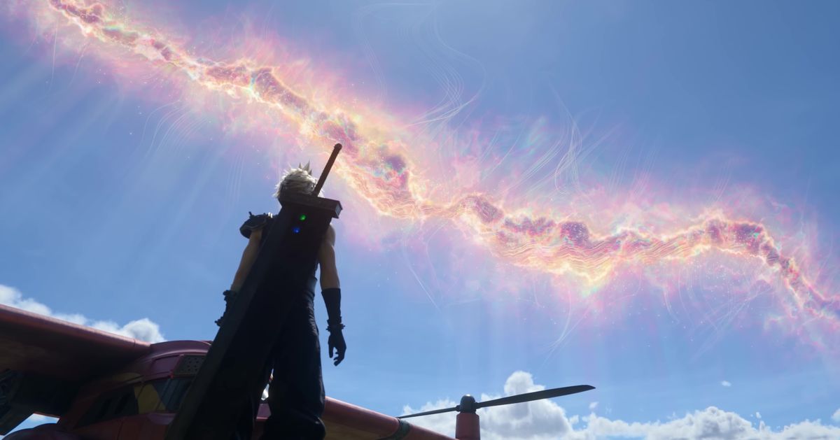 Une image de Cloud regardant un ciel traversé par une faille dorée scintillante. 