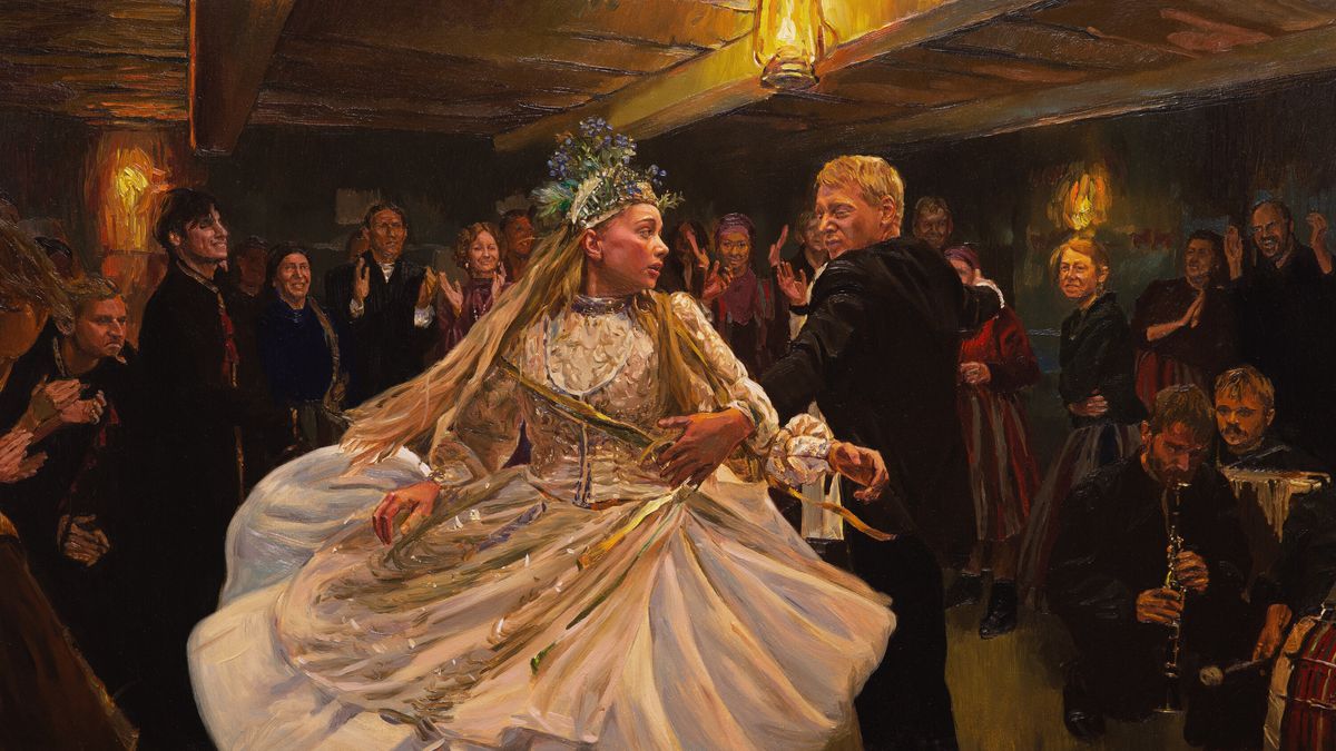 Une photo peinte d'une femme vêtue d'une robe blanche et d'une couronne florale dansant avec un homme dans une pièce remplie de monde.