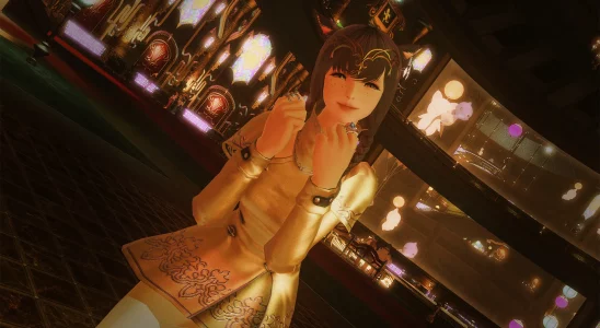 A Final Fantasy XIV (FFXIV) Miqo'te in the Gold Saucer, she is also wearing glamour available as MGP rewards