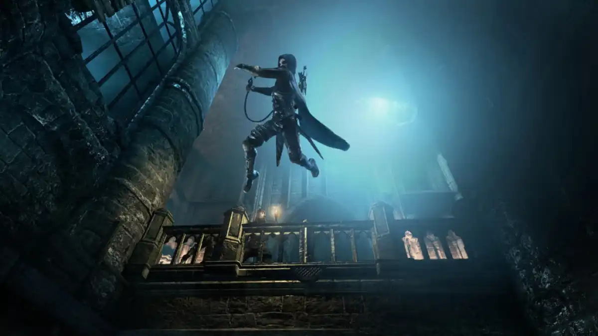 Un voleur sautant d'un balcon dans le jeu Thief.  Cette image fait partie d'un article sur la liste des jeux gratuits d'Epic Games Store - actuels et à venir.