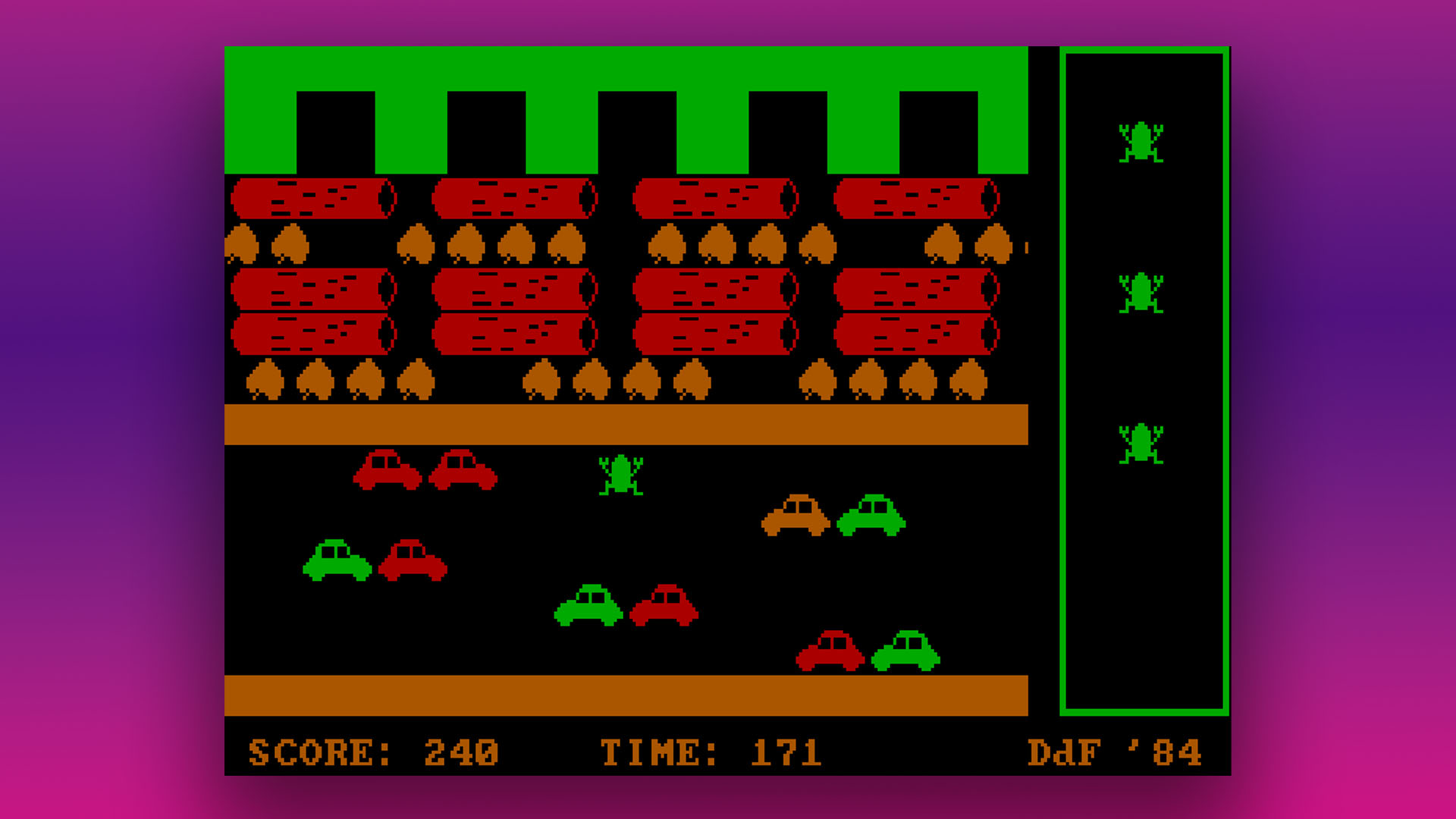 Graphiques CGA : capture d'écran du clone Frogger Ribit - mode BIOS 4, palette 0, faible intensité