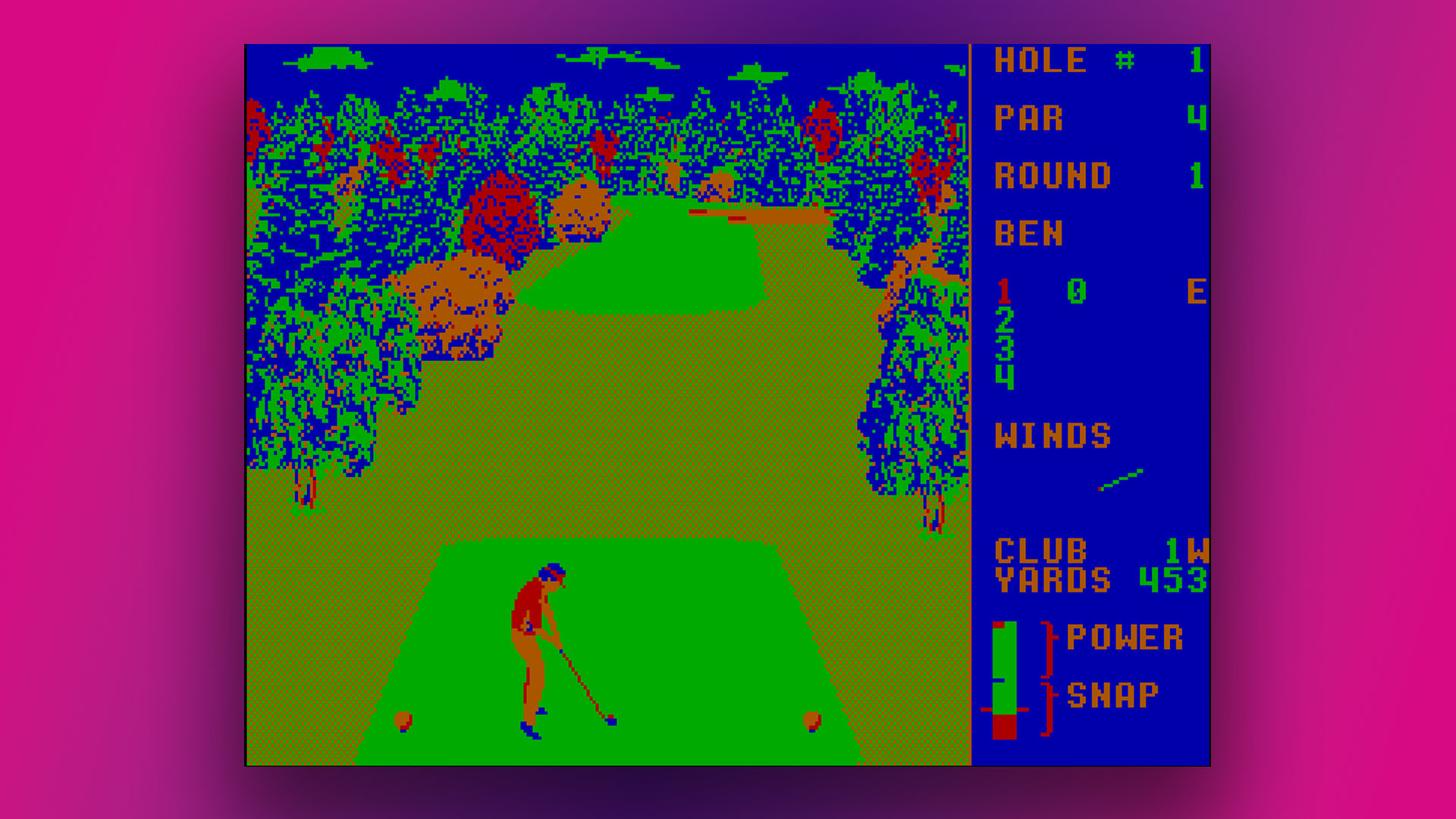 Graphiques CGA : jeu de golf World Class Leaderboard - mode BIOS 4, palette 0, faible intensité, fond noir remplacé par du bleu