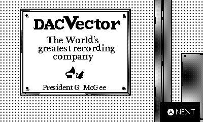 Plaque de titre de l’entreprise pour DACVector dans DirectDrive.  Il indique que c'est "La plus grande maison de disques du monde" et que le président est G McGee.  Il y a un petit graphique représentant un chat écoutant un gramophone.