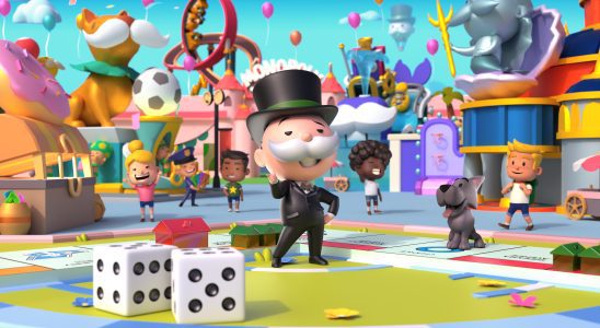 An image showing Rich Uncle Pennybags in Monopoly Go standing on a board next to some dice as part of an article on whether the game's servers are down, or if it's having other issues, such as crashing.