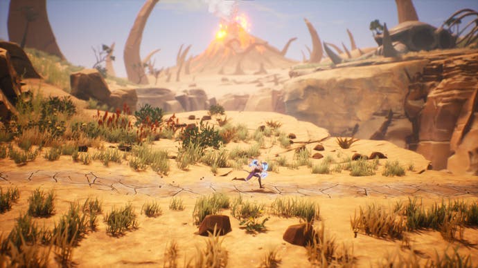 Capture d'écran de Tales of Kenzera montrant le personnage du joueur courant latéralement à travers le désert avec un volcan en arrière-plan