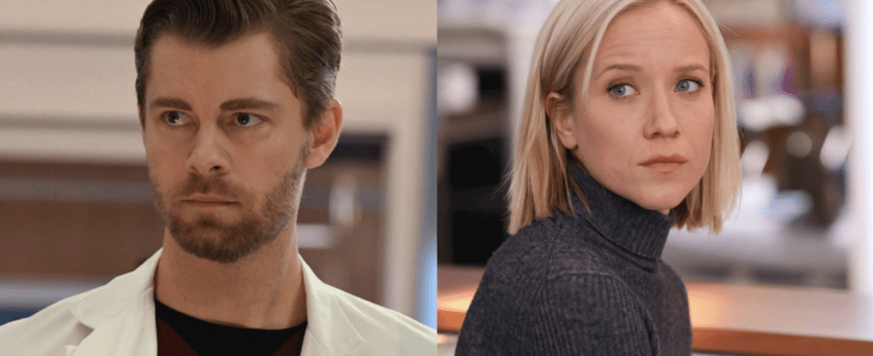 Luke Mitchell as Dr. Mitch Ripley and Jessy Schram as Dr. Hannah Asher in Chicago Med Season 9