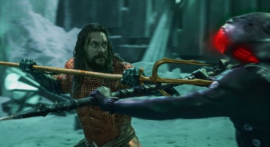 Jason Momoa fends off Black Manta with his trident in Aquaman and the Lost Kingdom.