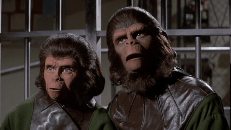 Deux singes semblant choqués dans Escape from the Planet of the Apes.