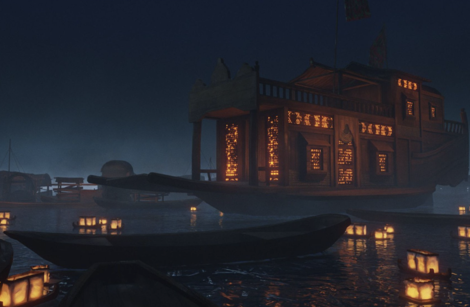 Une capture d'écran de The Pirate Queen, montrant un navire orné avec une lueur chaleureuse émanant de ses fenêtres.  Le navire se trouve sur un plan d’eau sur lequel se trouvent des lanternes flottantes.